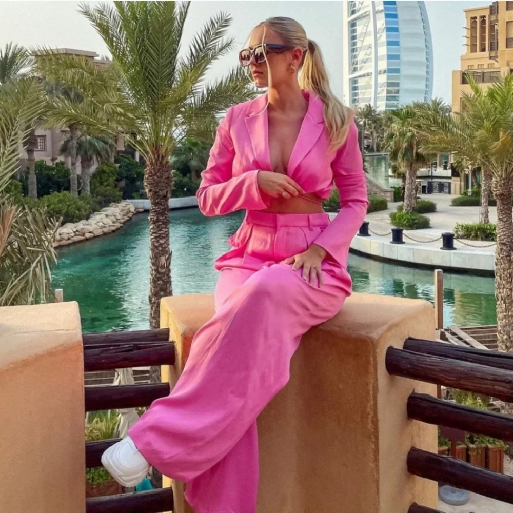 Zara 2pc Matching Set  * Satin Cropped Blazer and Wide Pants Pink Size S